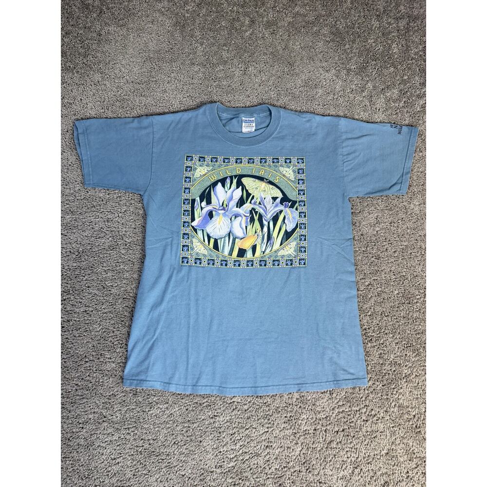 Wild Iris Shirt Mens M Blue Floral Flower Graphic Crew Neck Heavyweight